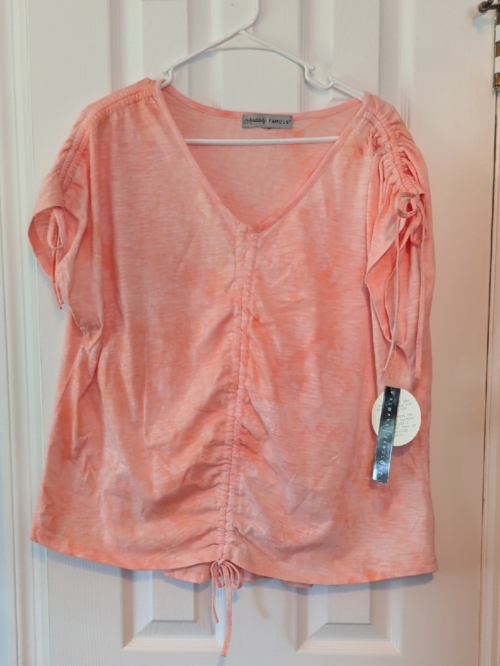 Almost Famous Peach Ruched V-Neck Tie Sleeve Top